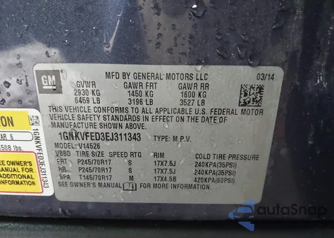 2014 Chevrolet Traverse Ls z USA, uszkodzony, nr VIN 1GNKVFED3EJ311343